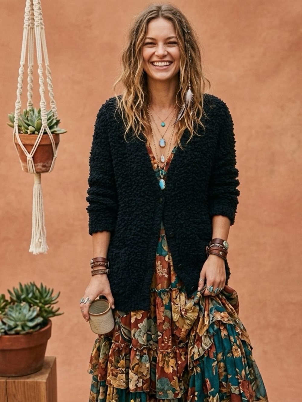 Free People Black Popcorn Bouclé Knit Cardigan Sweater Size XS Fits Up To M VGUC